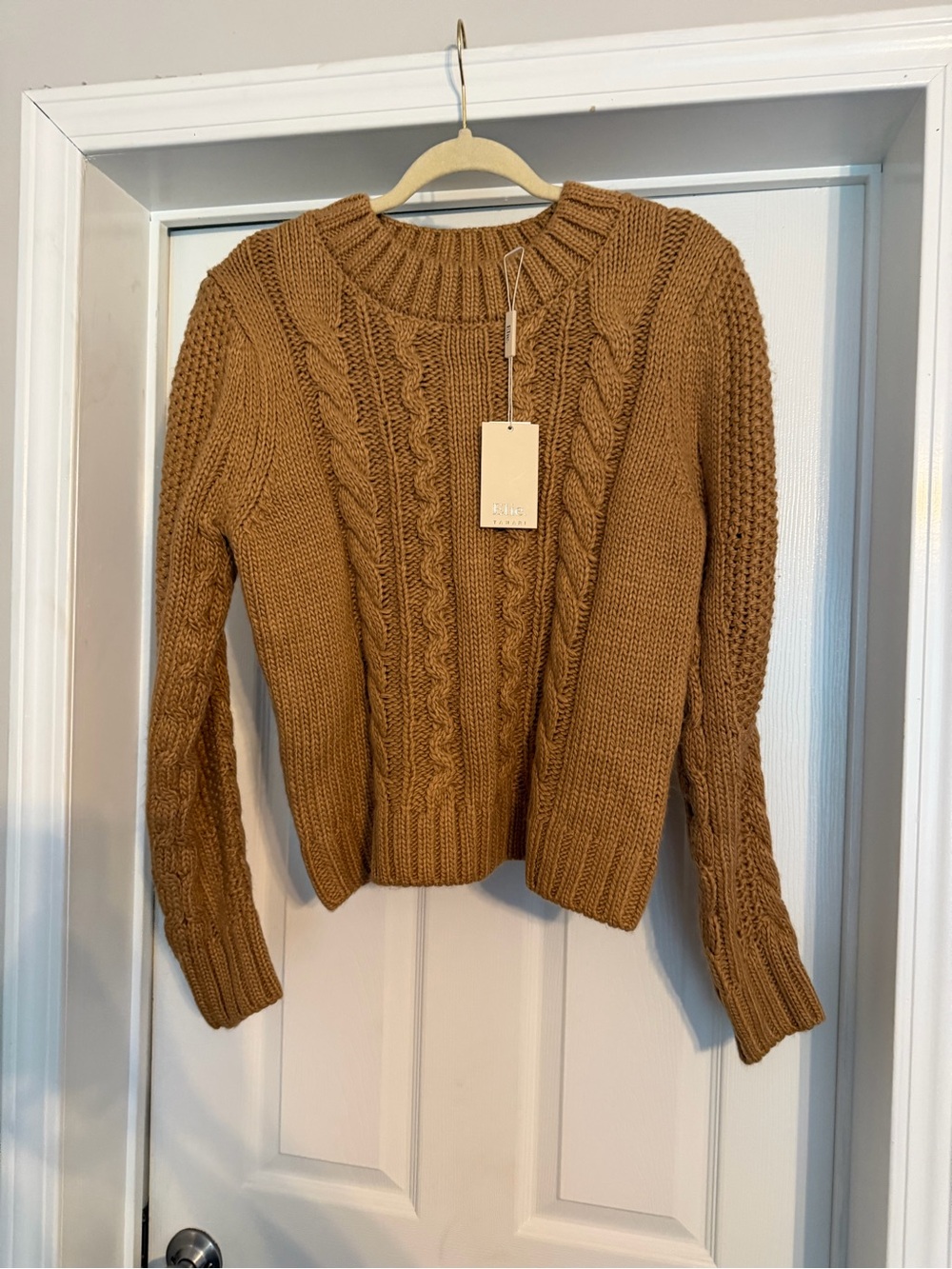 Elie Tahari Camel Cable-Knit Crew Sweater